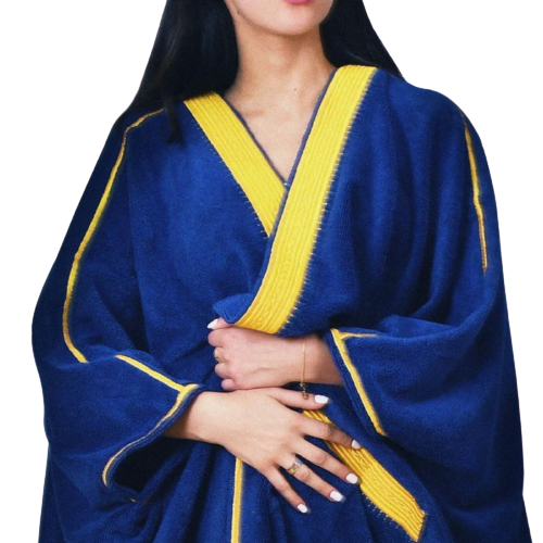 Woman wearing Beach Bisht classic bathrobe navy color medium size from Beach Bisht terry towel beach cover up collections