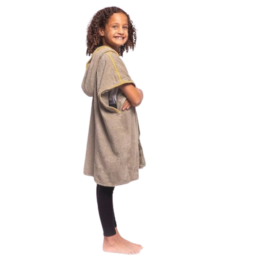 Kid wearing Beach Bisht kids hoodie bathrobe khaki color, small size from beach bisht terry towel beach cover up kimono collections
