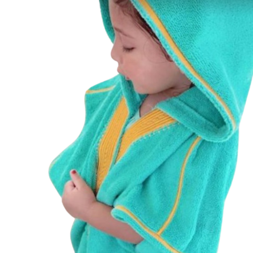 Toddler is wearing Beach Bisht kids hoodie bathrobe aqua green color, small size from beach bisht terry towel beach cover up kimono collections