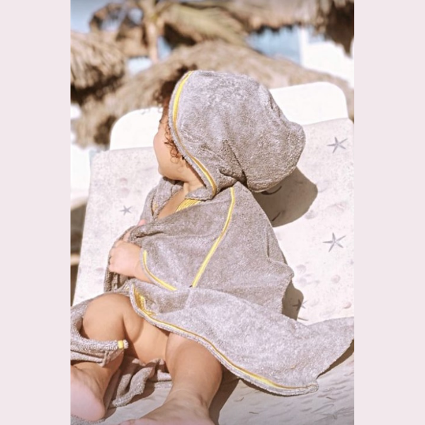  Toddler is wearing Beach Bisht kids hoodie bathrobe khaki color, small size from beach bisht terry towel beach cover up kimono collections